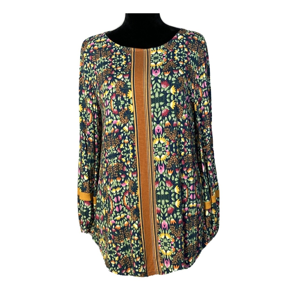 Matilda Jane Top SMALL‎ Multi Floral Long Sl Mustard Stripe Tunic Peasant